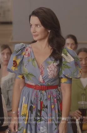 Charlotte's blue floral print dress on And Just Like That