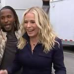 Chelsea Handler’s navy utility jumpsuit on Access Hollywood