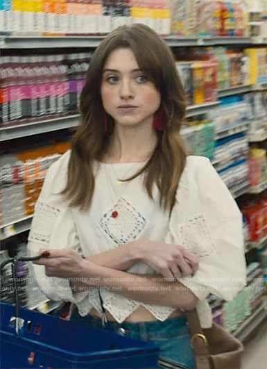 Chloe's white crochet trim top on Based on a True Story