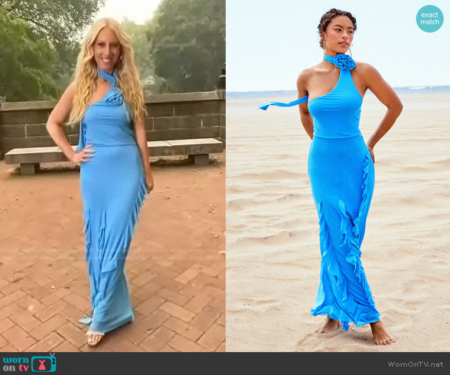 Cider Ruffle Hem Rosette Halter Maxi Dress worn by Sydney Sadick on Access Hollywood