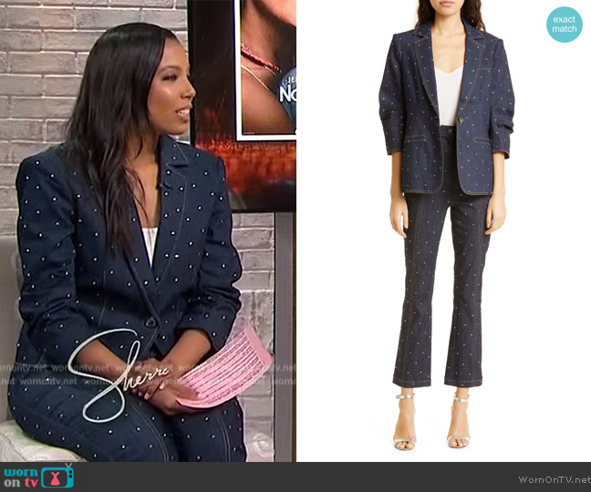 Cinq a Sept Khloe Rhinestone Ruched Sleeve Blazer worn by Jasmine Simpkin on Sherri