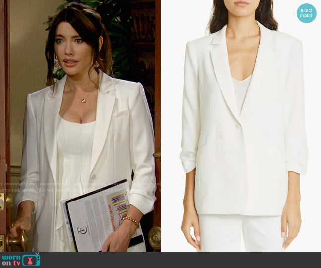 Cinq a Sept Khloe Blazer in Ivory worn by Steffy Forrester (Jacqueline MacInnes Wood) on The Bold and the Beautiful