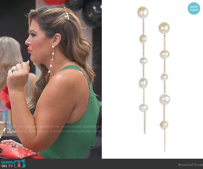 Cult Gaia Atum Cultured Freshwater Pearl Linear Drop Earrings worn by Emily Simpson on The Real Housewives of Orange County