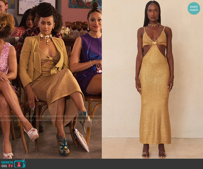 Sondi’s gold cutout midi dress on Run the World