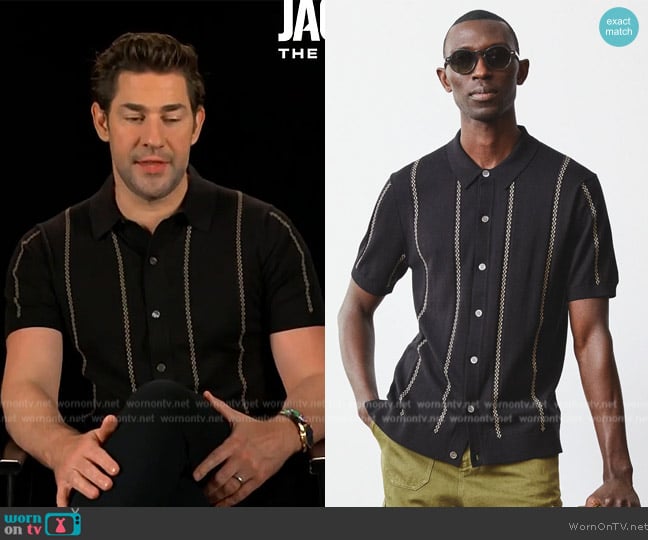 Todd Snyder Deco Stripe Full-Placket Polo worn by John Krasinski on E! News