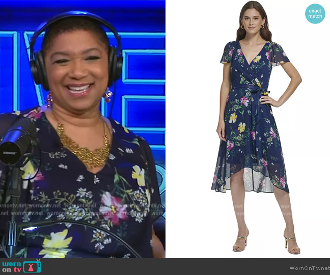 DKNY Floral-Print Flutter-Sleeve Asymmetrical Faux-Wrap Dress worn by Deja Vu on Live with Kelly and Mark