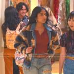 Devi’s plaid jacket and distressed jeans on Never Have I Ever