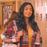 Devi’s red plaid long jacket on Never Have I Ever