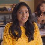 Devi’s yellow floral print sweatshirt on Never Have I Ever