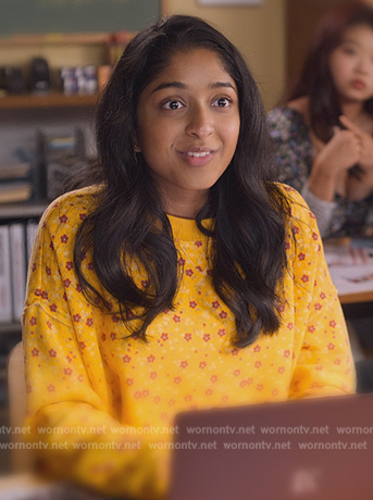Devi's yellow floral print sweatshirt on Never Have I Ever