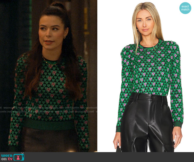 Diane von Furstenberg Roberta Sweater in Dot Snake & Fall Green worn by Carly Shay (Miranda Cosgrove) on iCarly