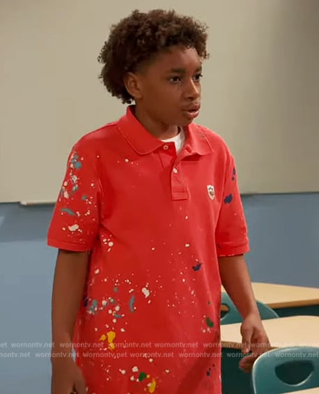 Dylan's red splatter print polo on Ravens Home