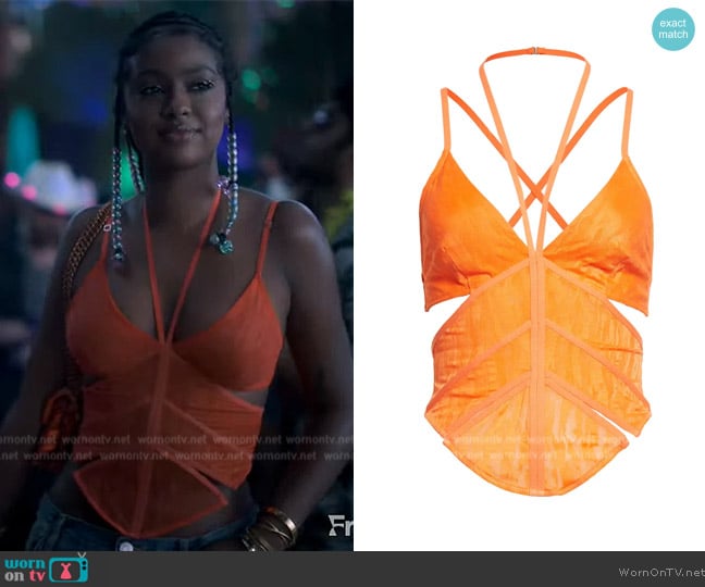 Dion Lee Cross Strap Camoflauge Lace Corset worn by Annika (Justine Skye) on Grown-ish