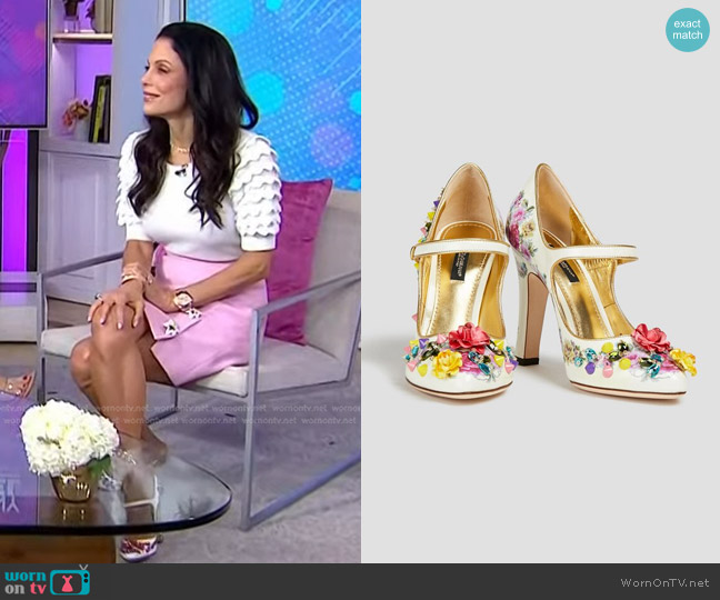 Dolce & Gabbana  Embellished Floral-Print Patent-Leather Mary Jane Pumps worn by Bethenny Frankel on Today