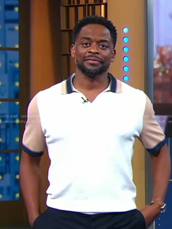 Dulé Hill’s white and beige colorblock polo shirt on Good Morning America