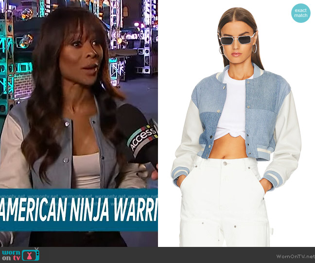 Eb Denim Cropped Varsity Jacket worn by Zuri Hall on Access Hollywood