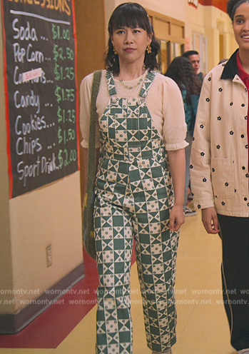 Eleanor's green printed overalls on Never Have I Ever