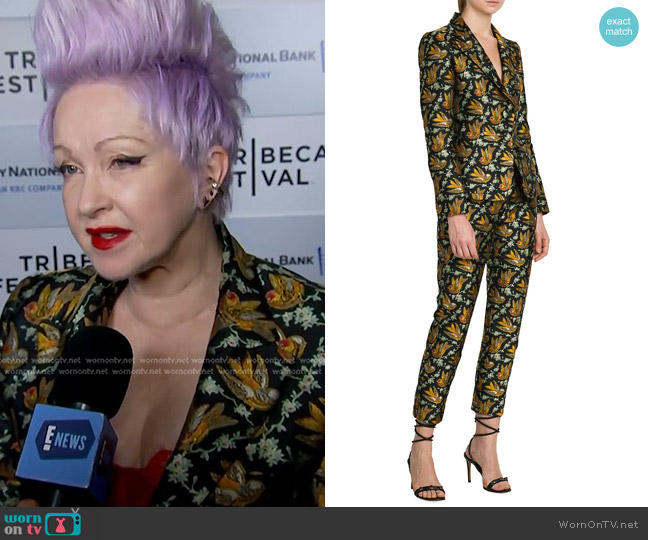 Etro Bird Jacquard Jacket and Pants worn by Cyndi Lauper on E! News