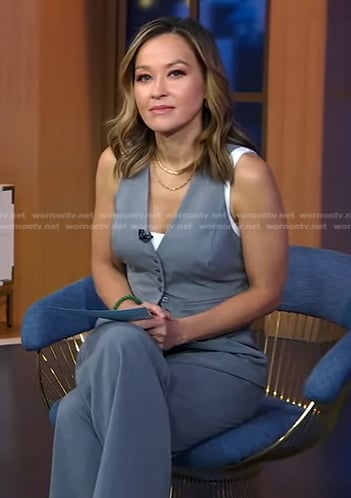 Eva's grey vest and pants on Good Morning America