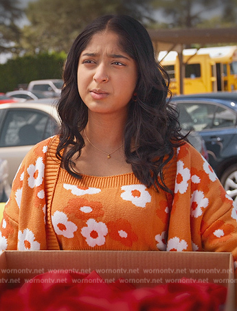 Devi's orange floral top and cardigan set on Never Have I Ever