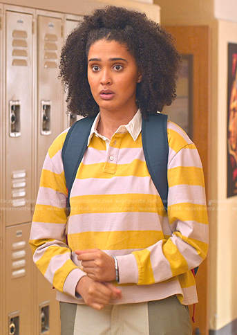 Fabiola's yellow striped rugby shirt on Never Have I Ever