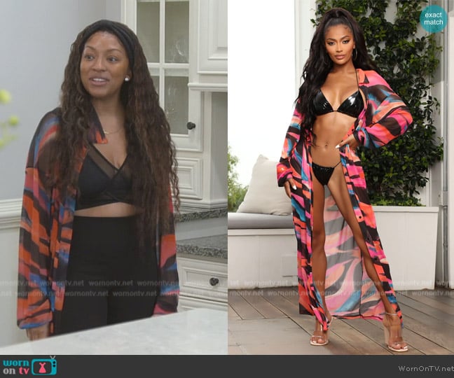 Fashion Nova Coconuts and Sand Mesh Coverup Kimono worn by Drew Sidora on The Real Housewives of Atlanta