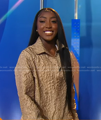 Flau’jae’s beige textured shirt jacket and shorts on Good Morning America