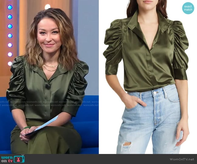 Frame Gillian Stretch Silk Blouse in Green worn by Eva Pilgrim on Good Morning America