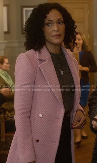 Francey’s pink chevron coat and floral bag on So Help Me Todd