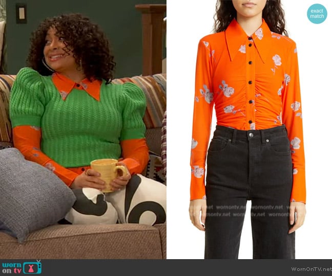 Ganni Ruched Floral Print Mesh Shirt worn by Raven Baxter (Raven-Symoné) on Ravens Home