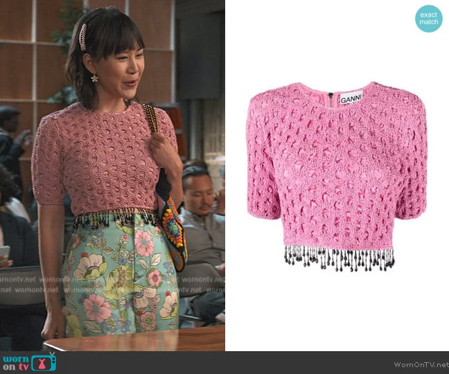 Ganni Beaded fringe smock top worn by Eleanor Wong (Ramona Young) on Never Have I Ever