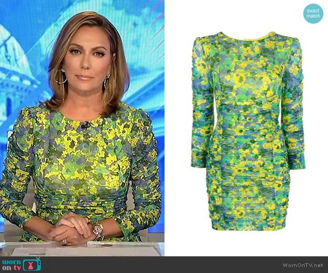 Ganni Floral-Print Ruched Mesh Dress worn by Kyra Phillips on Good Morning America