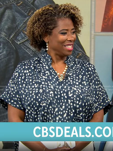 Gayle Bass's blue dot print top on CBS Mornings