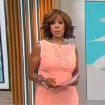 Gayle King’s coral sheath dress with white trims on CBS Mornings