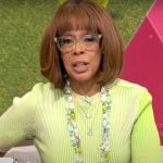 Gayle King’s green and pink ribbed top and skirt set on CBS This Morning