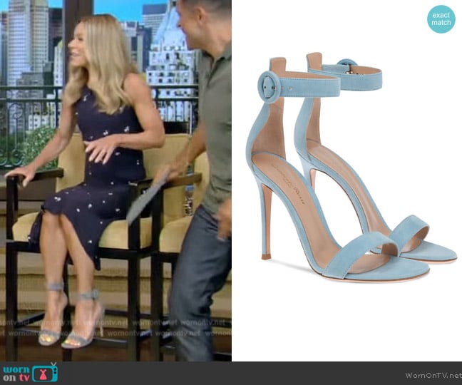 Gianvito Rossi Portofino 105mm suede sandals worn by Kelly Ripa on Live with Kelly and Mark