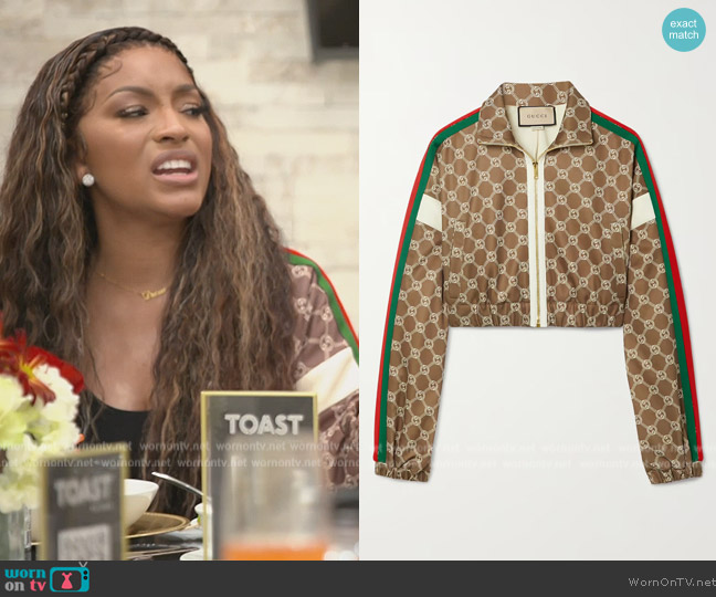 Gucci Cropped webbing-trimmed printed tech-jersey track jacket worn by Drew Sidora on The Real Housewives of Atlanta