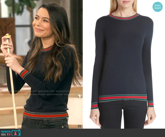 Gucci Stripe Trim Wool Sweater worn by Carly Shay (Miranda Cosgrove) on iCarly