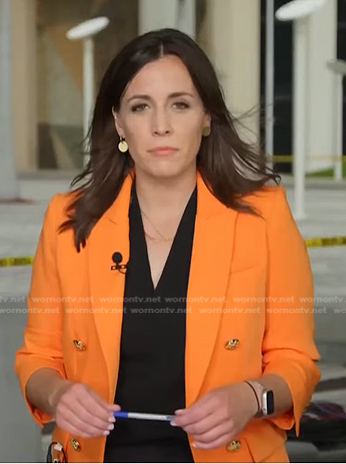 Hallie Jackson's orange double breasted blazer on NBC News Daily