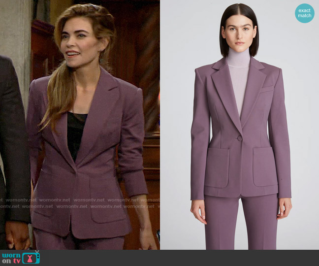 Halston Kris Jacket in Plum worn by Victoria Newman (Amelia Heinle) on The Young and the Restless