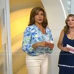 Hoda’s blue print tie neck top and white flare pants on Today