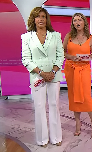 Hoda’s mint green blazer and white flare pants on Today