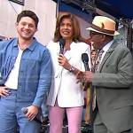 Hoda’s white ruched sleeve blazer and pink flare pants on Today