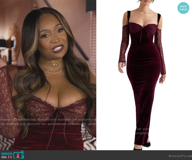 House of CB Cold Shoulder Long Sleeve Velvet & Lace Gown worn by Marlo Hampton on The Real Housewives of Atlanta