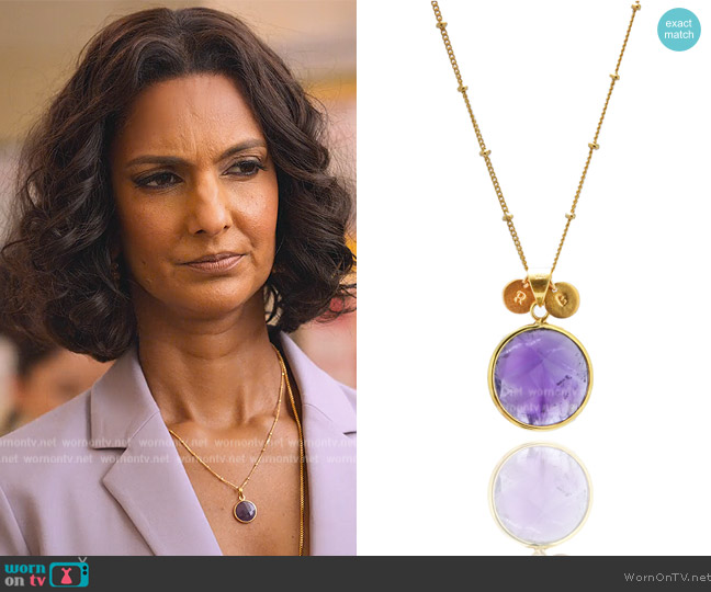 February – African Amethyst Necklace by Hyperbole Accessories worn by Nalini Vishwakumar (Poorna Jagannathan) on Never Have I Ever