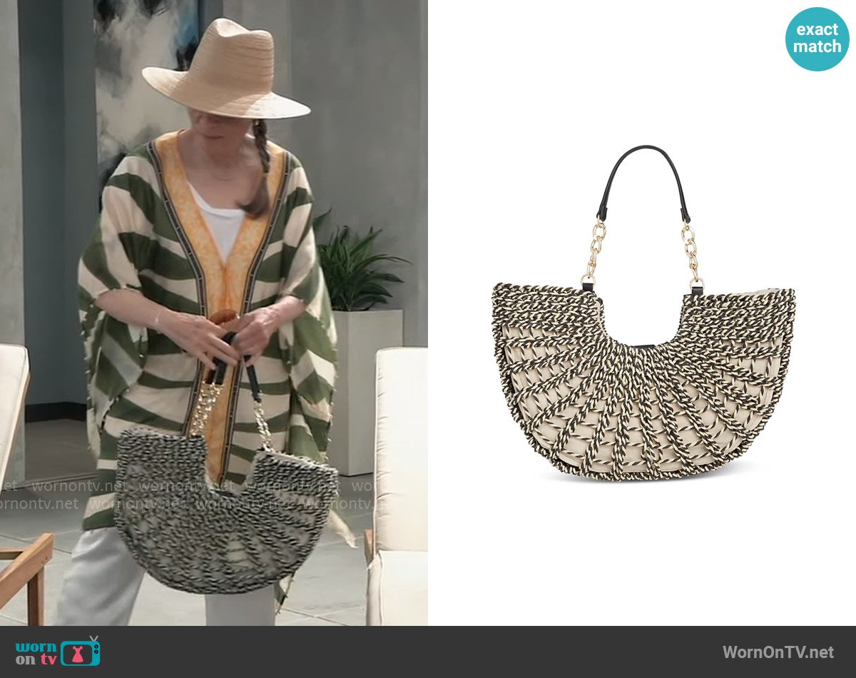 INC International Concepts Ivah Extra-Large Woven Straw Chain Tote worn by Tracy Quartermaine (Jane Elliot) on General Hospital