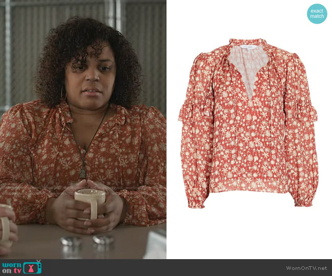 Intermix Marika Lurex Floral Blouse worn by Astrid Koren (Arianna Esquerre) on Manifest