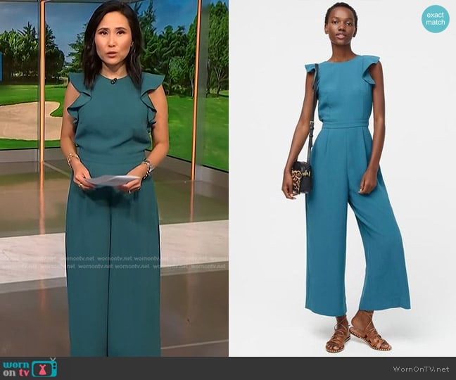 J. Crew Sleeveless ruffle jumpsuit in 365 crepe worn by Vicky Nguyen on NBC News Daily