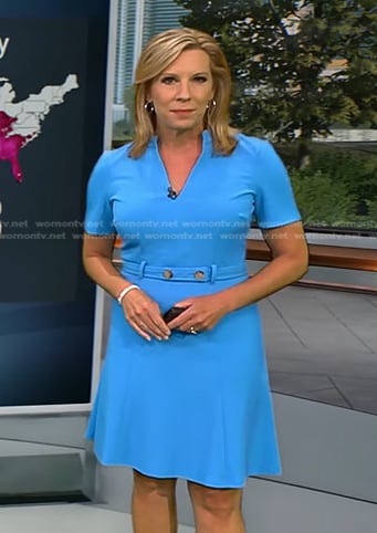 Jacqui Jeras's blue belted fit & flare dress on CBS Evening News