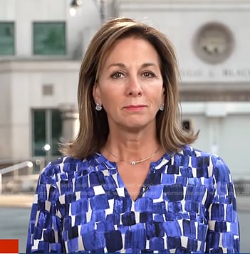 Janet Shamlian's blue colorblock blouse on CBS Evening News